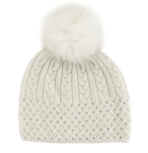Mitchie's Women's Cable Sparkle Hat with Crystals and Fox Fur Pom
