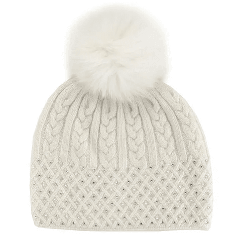 Mitchie's Matchings Women's Cable Sparkle Hat with Crystals and Fox Fur Pom