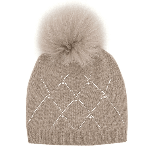 Mitchie's Matchings Women's Wool Knit Diamond Weave Hat with Crystals, Pearl and Fox Pom