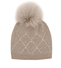 Mitchie's Women's Wool Knit Diamond Weave Hat with Crystals, Pearl and Fox Pom
