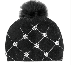 Mitchie's Women's Knit Hat with Pearl Flower Beads and Fox Fur Pom