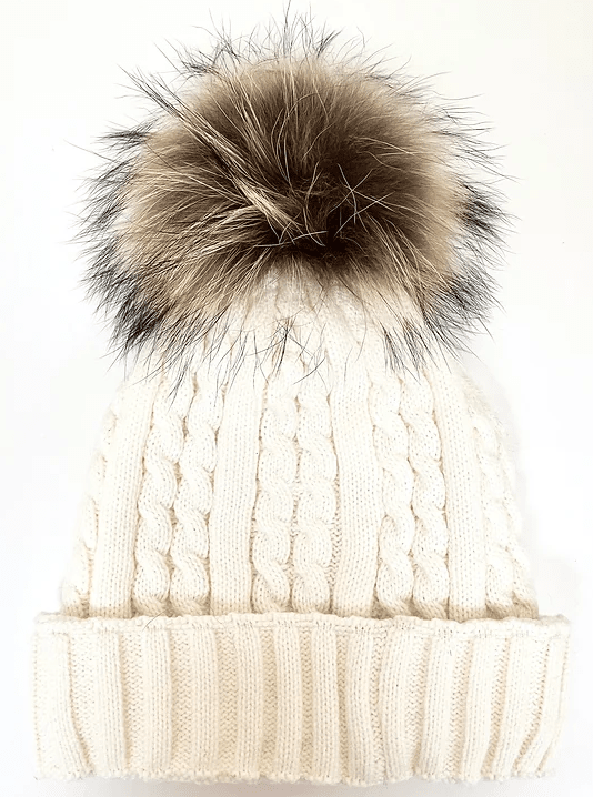 Mitchie's Matchings Women's Cable Knit Beanie with Fleece Lining and Finn Fur Pom