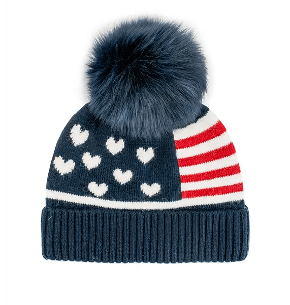 Mitchie's Matchings Women's Knit American Flag Beanie with Fox Fur Pompom