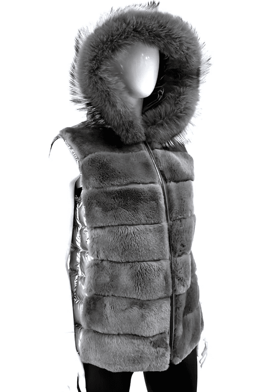 Mitchie's Matchings Women's Silver Rabbit Fur and Metallic Vest with Fox Hood