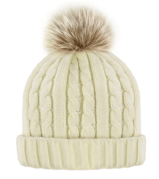 Mitchie's Matchings Women's Cable Knit Beanie with Fleece Lining and Blush Fox Pom