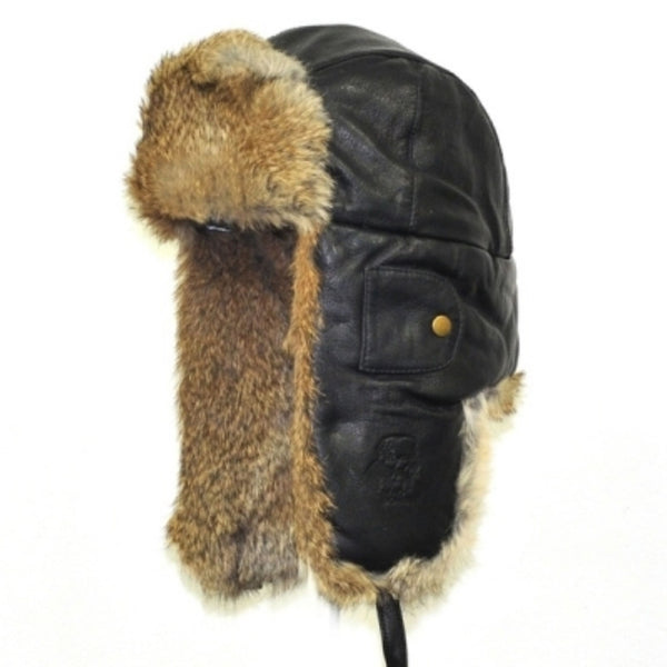 Mad Bomber Black Leather Rabbit Bomber Hat